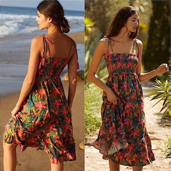 FARM RIO Tropical Floral Square Neck Ruched‎ Sleeveless Ruffle Tier Midi Dress S - Picture 2 of 8
